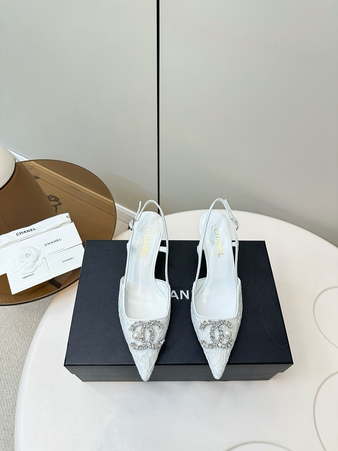 WHITE LACE CRYSTAL SLINGBACK HEELS