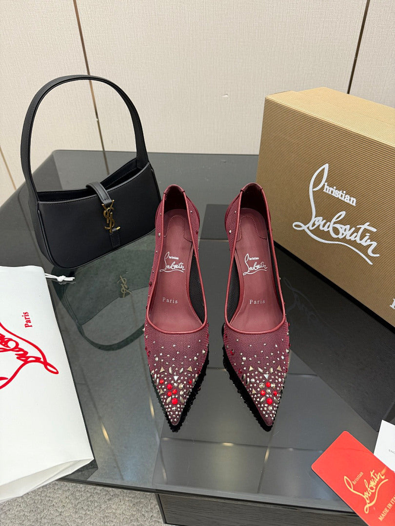 BURGUNDY RHINESTONE MESH PUMPS