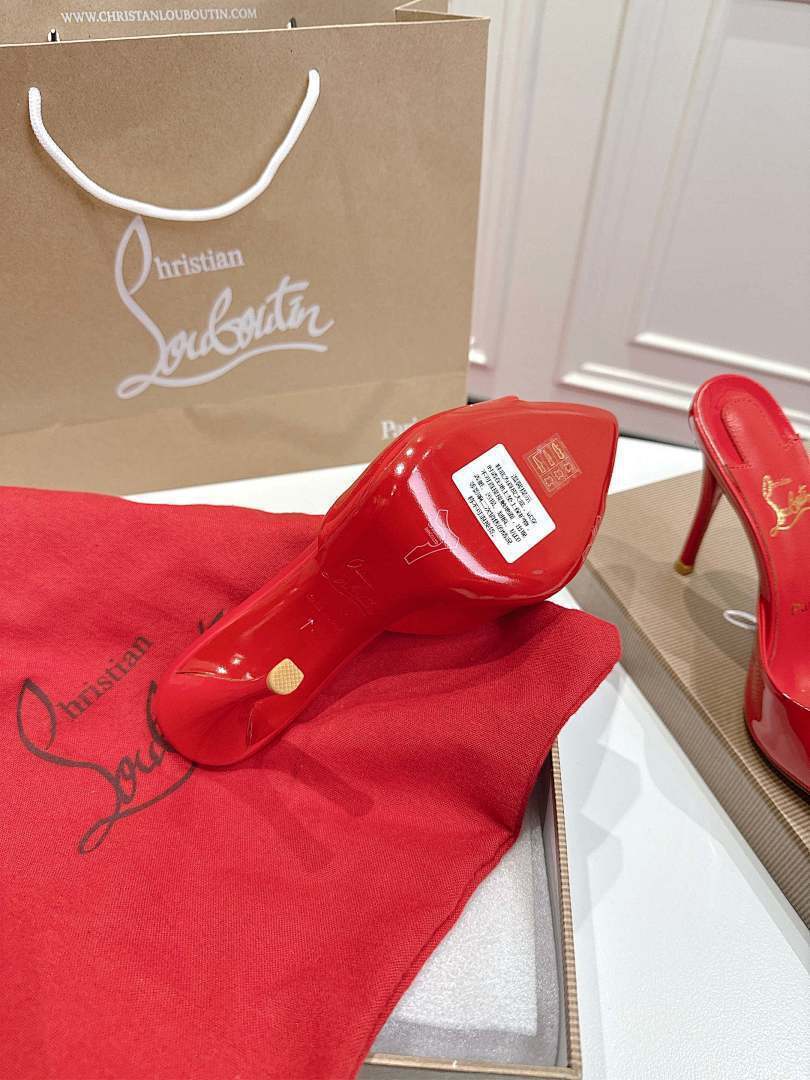 RED PATENT OPEN-TOE MULE HEELS