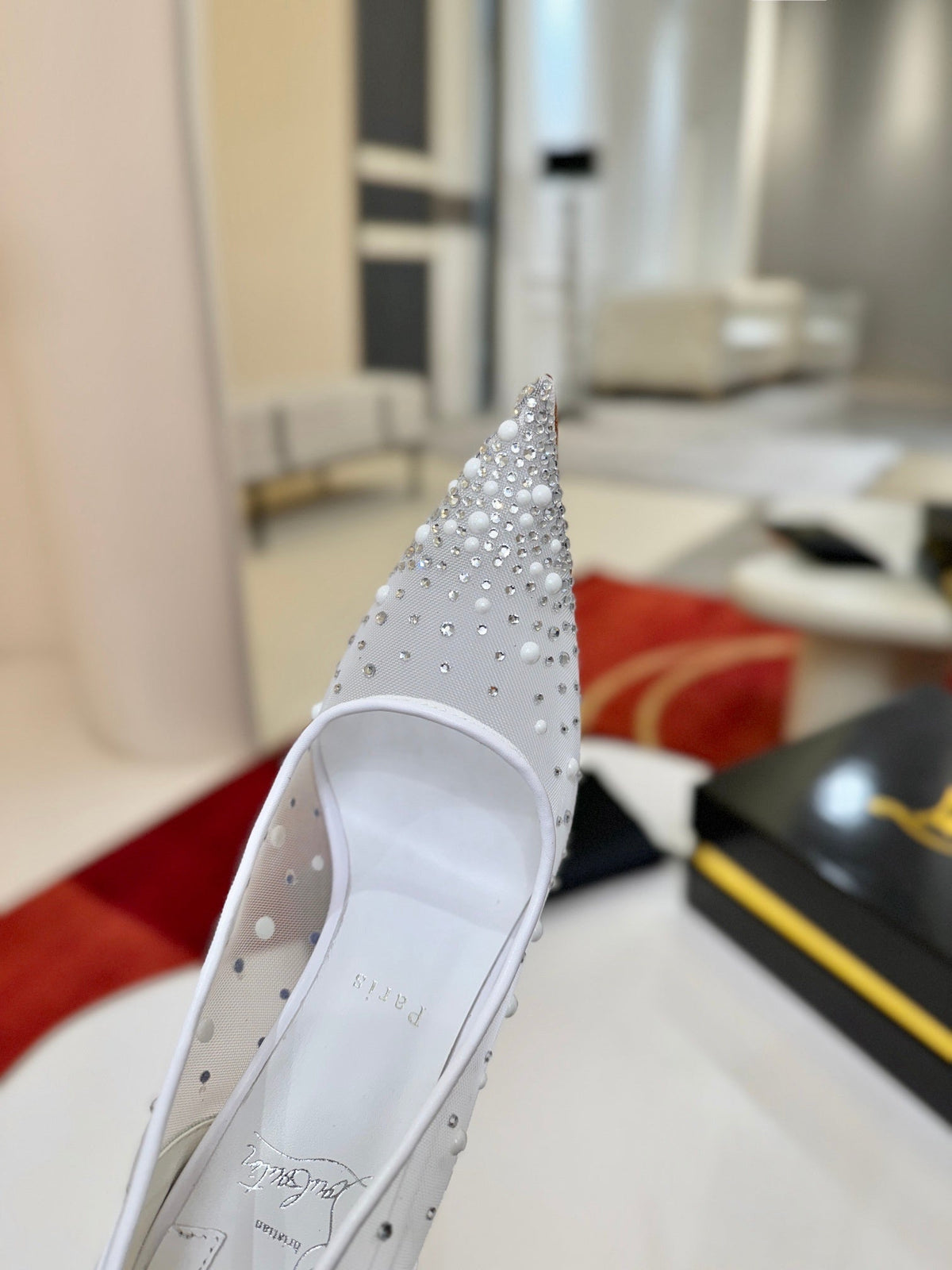 WHITE RHINESTONE POINTED HEELS