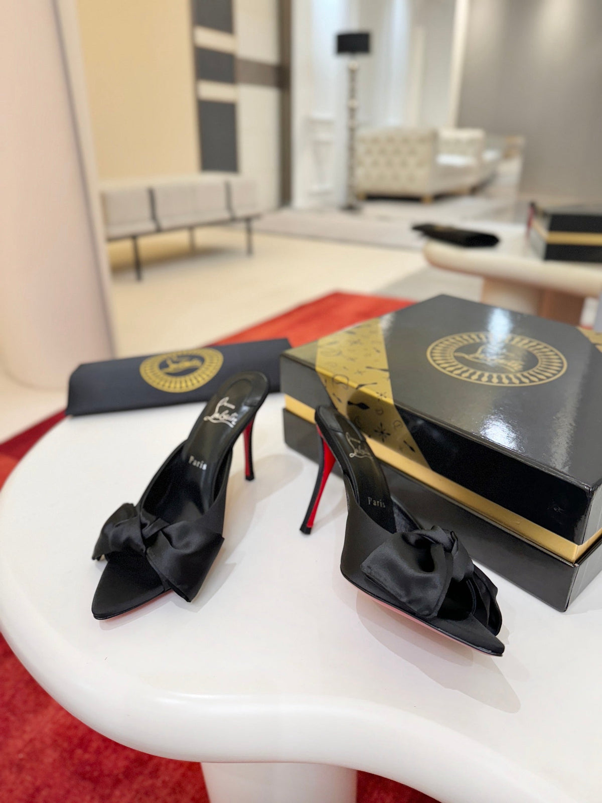 BLACK SATIN BOW MULE HEELS