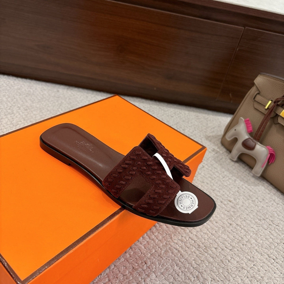 DARK BROWN SUEDE SLIDE SANDALS