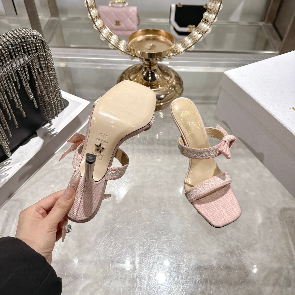BOW-DETAIL JACQUARD HEELED MULE SANDALS
