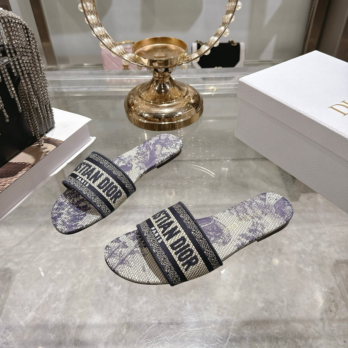 OBLIQUE LOGO CANVAS SLIDE SANDALS