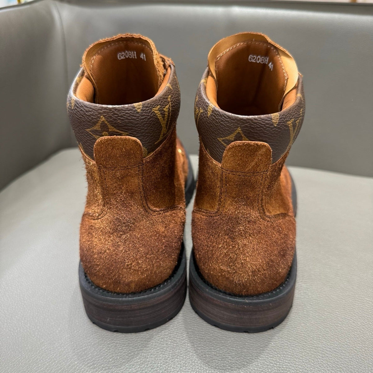 BROWN SUEDE MONOGRAM LACE-UP BOOTS