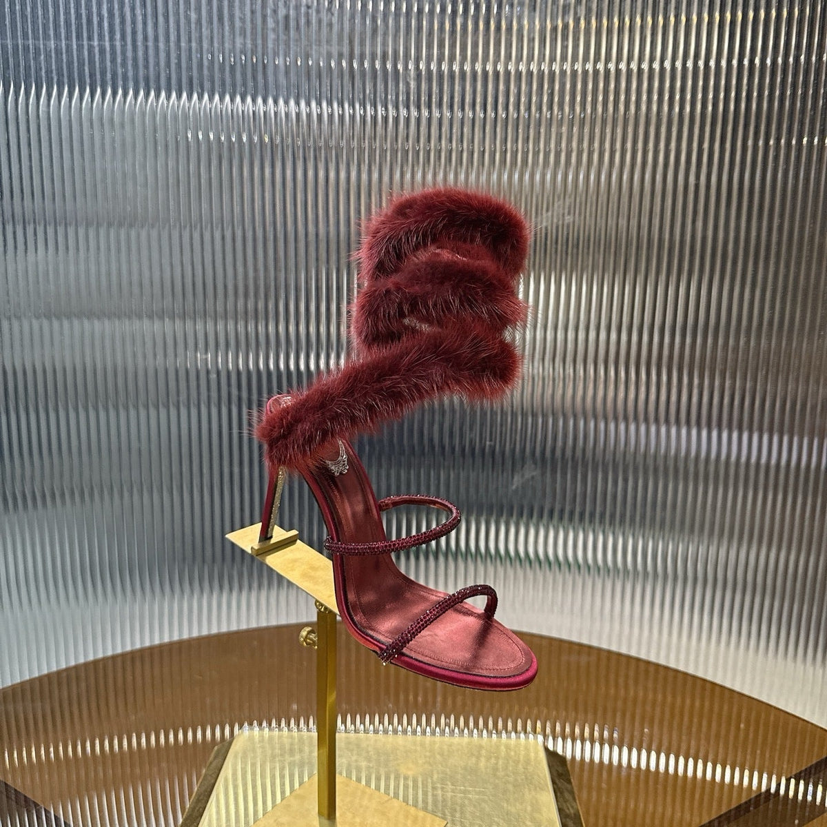 BURGUNDY FUR SPIRAL STILETTO HEELS