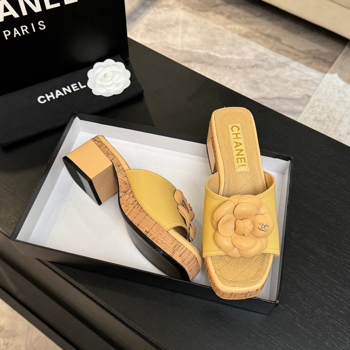 BUTTER YELLOW FLORAL PLATFORM SLIDE SANDALS