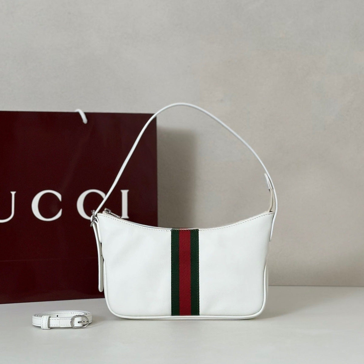 STRIPED LEATHER SHOULDER BAG – WHITE