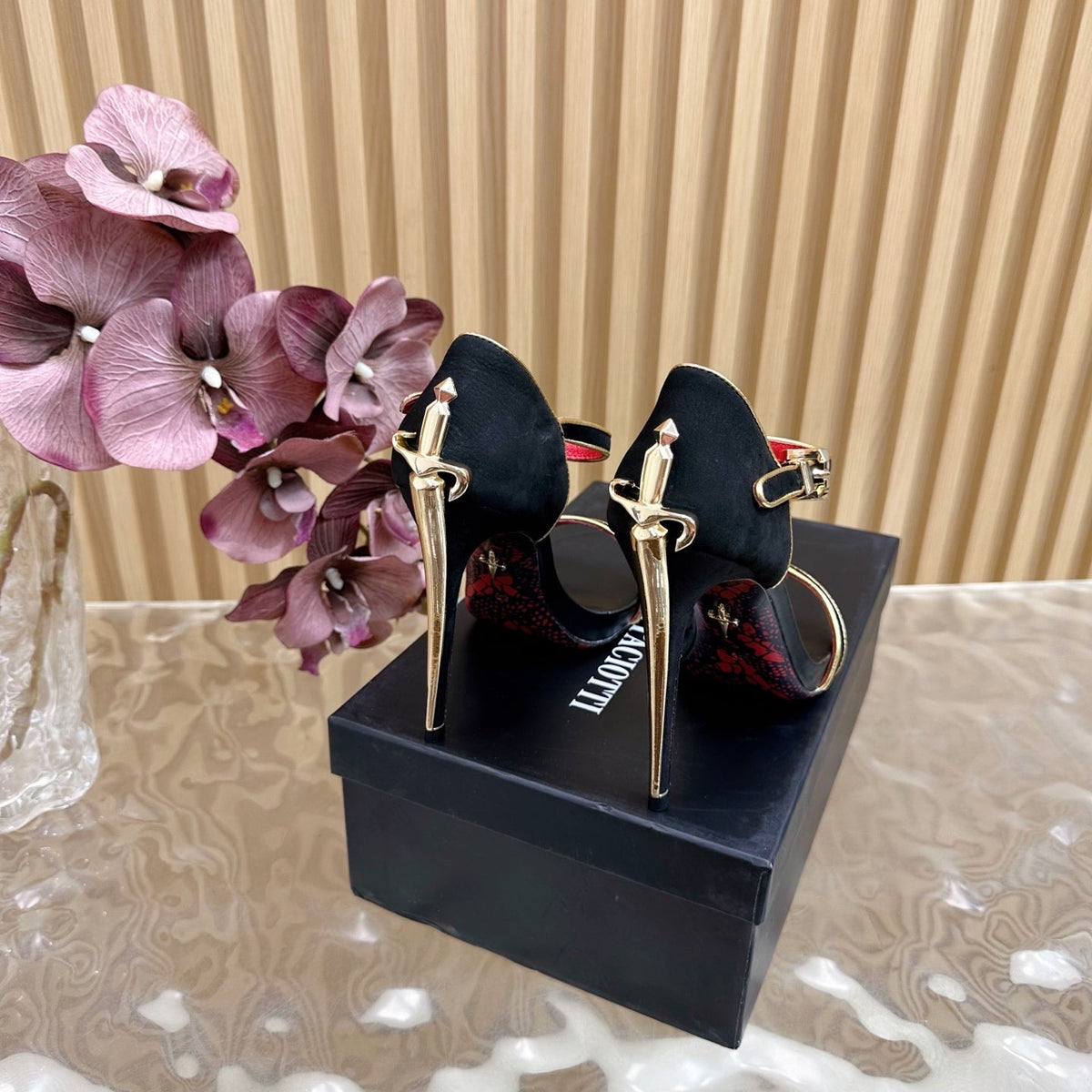 MINIMALIST ANKLE STRAP STILETTO SANDALS – BLACK & GOLD EDITION