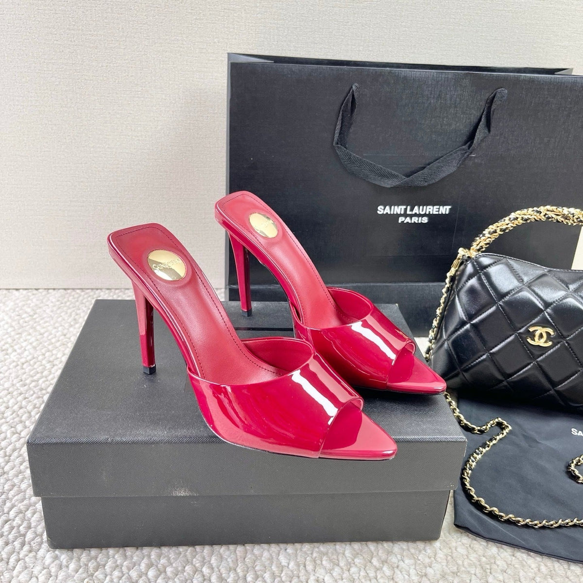 RED PATENT OPEN-TOE MULE HEELS