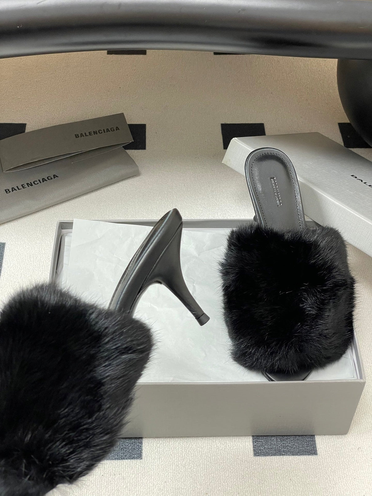BLACK FUR STRAP MULE HEELS