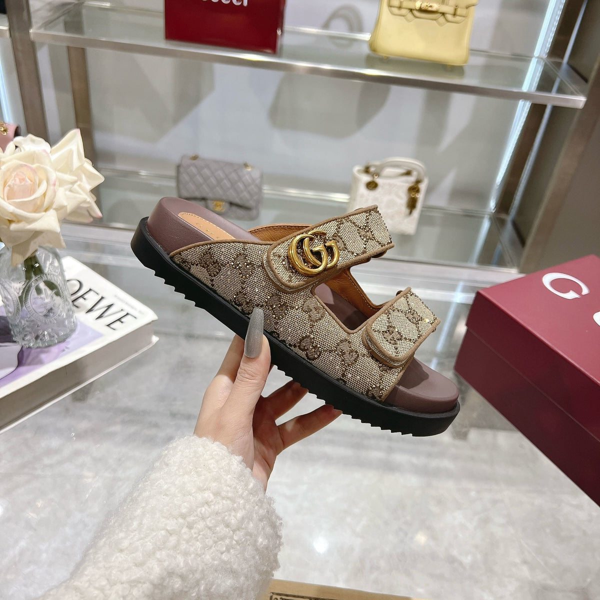 BEIGE MONOGRAM DOUBLE STRAP SANDALS
