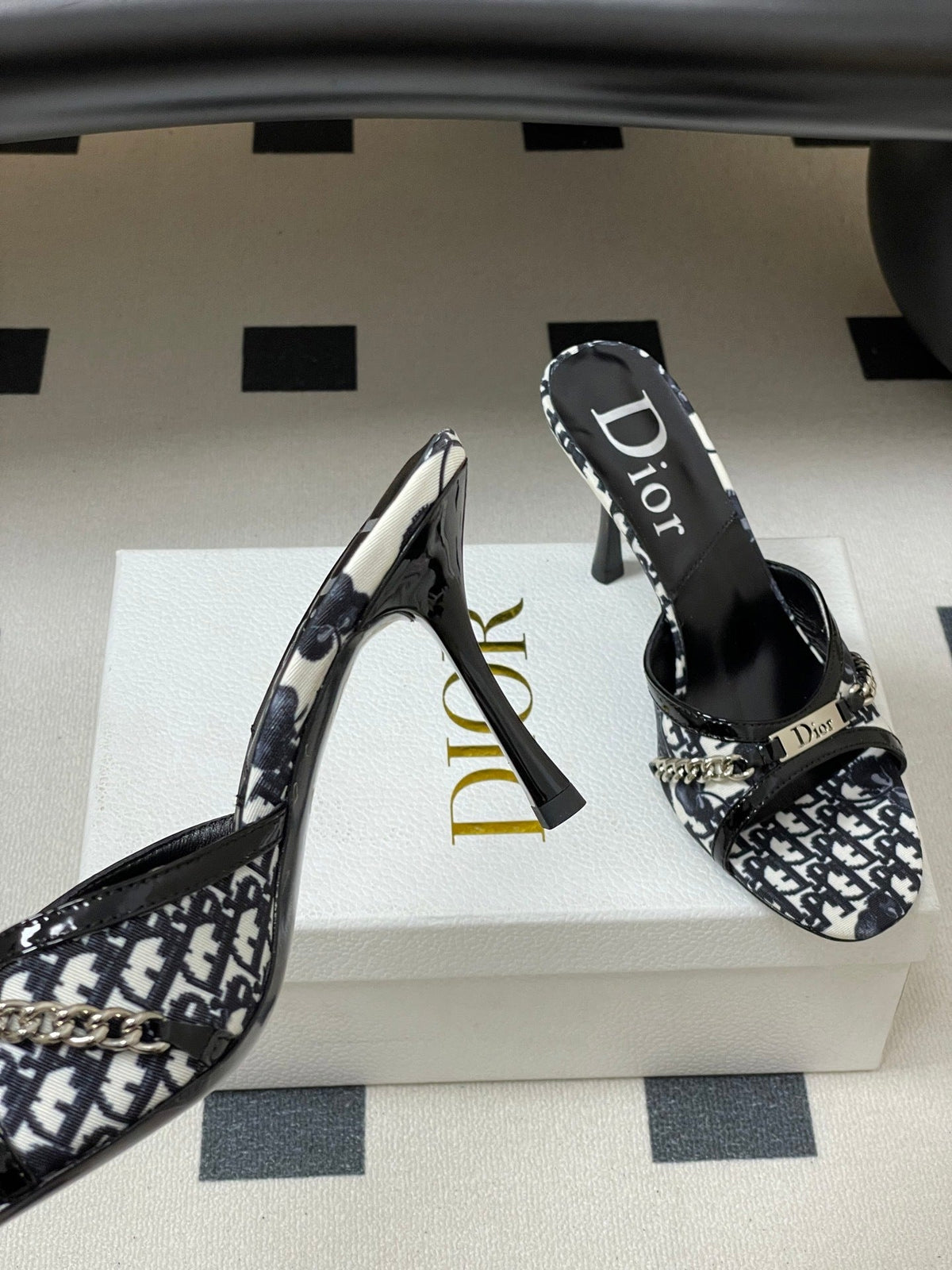 MONOGRAM CHAIN DETAIL MULE HEELS