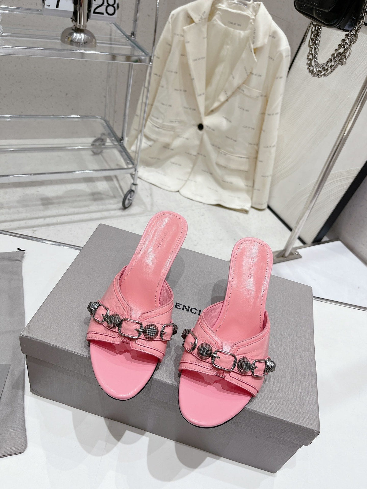PINK EMBELLISHED MID HEEL MULE SANDALS