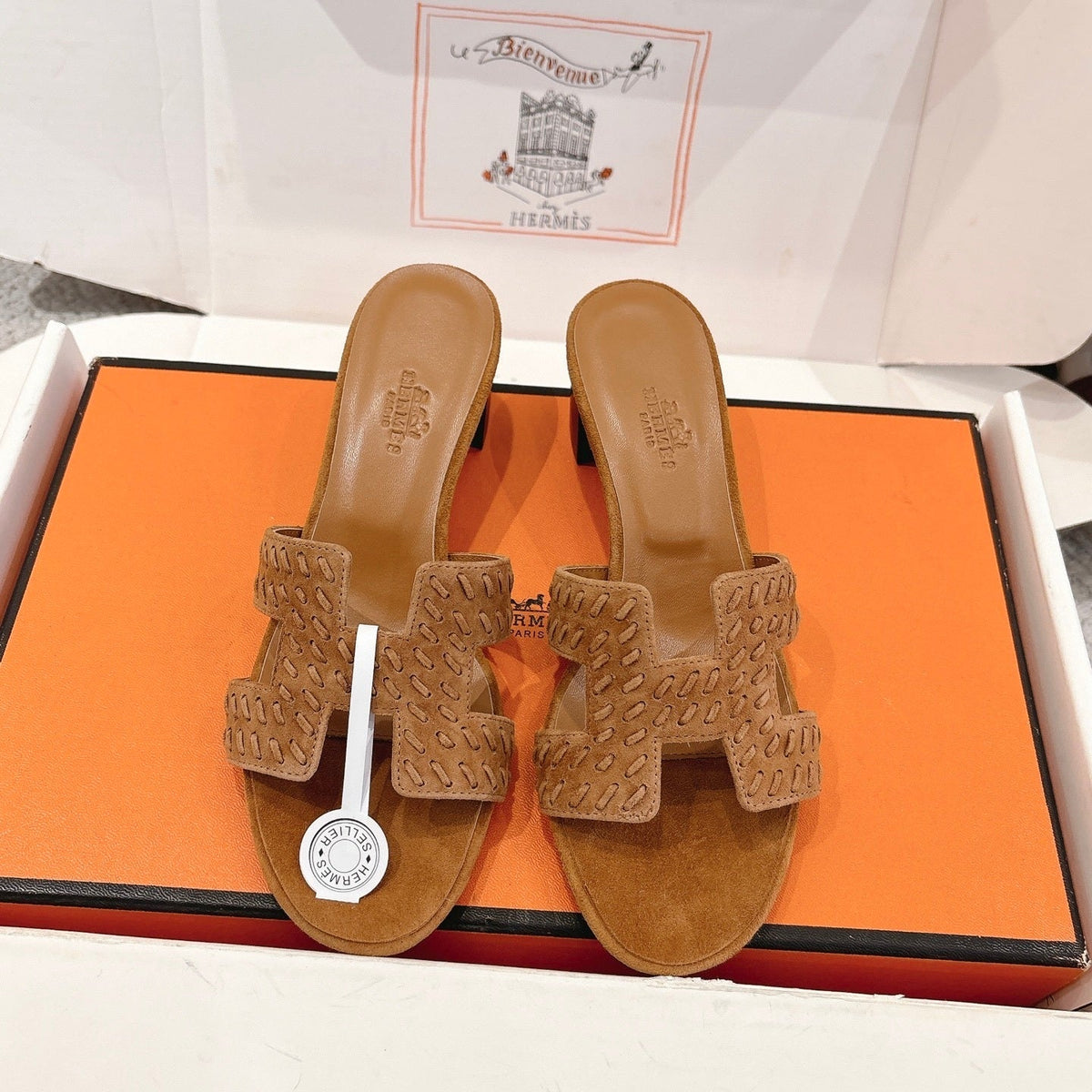 TAN SUEDE HEELED SLIDE SANDALS
