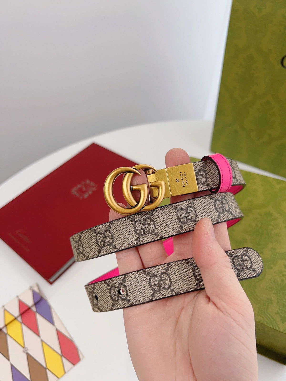 REVERSIBLE MONOGRAM BELT WITH PINK LEATHER AND GOLD DOUBLE RING BUCKLE