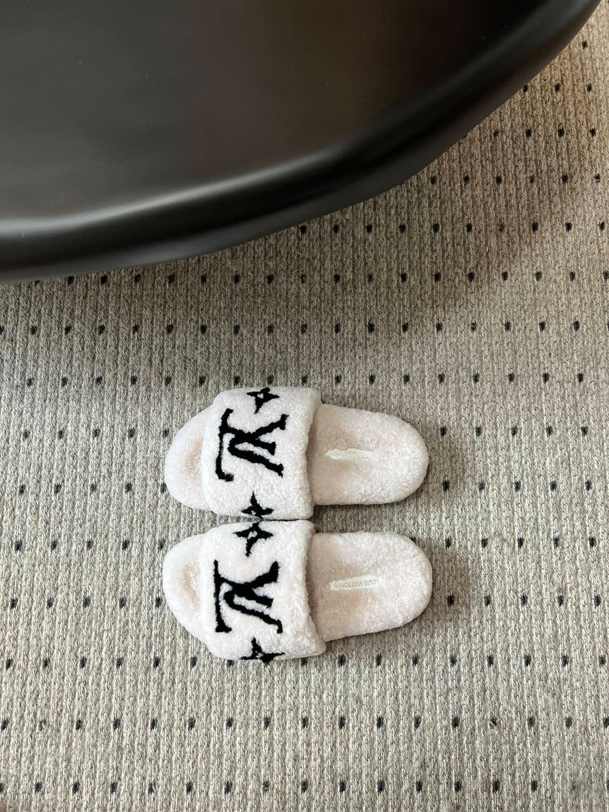 COZY MONOGRAM FUR SLIDE SLIPPERS