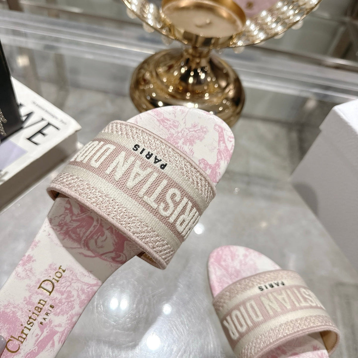 TOILE PRINT LOGO FLAT SLIDES – BLUSH PINK
