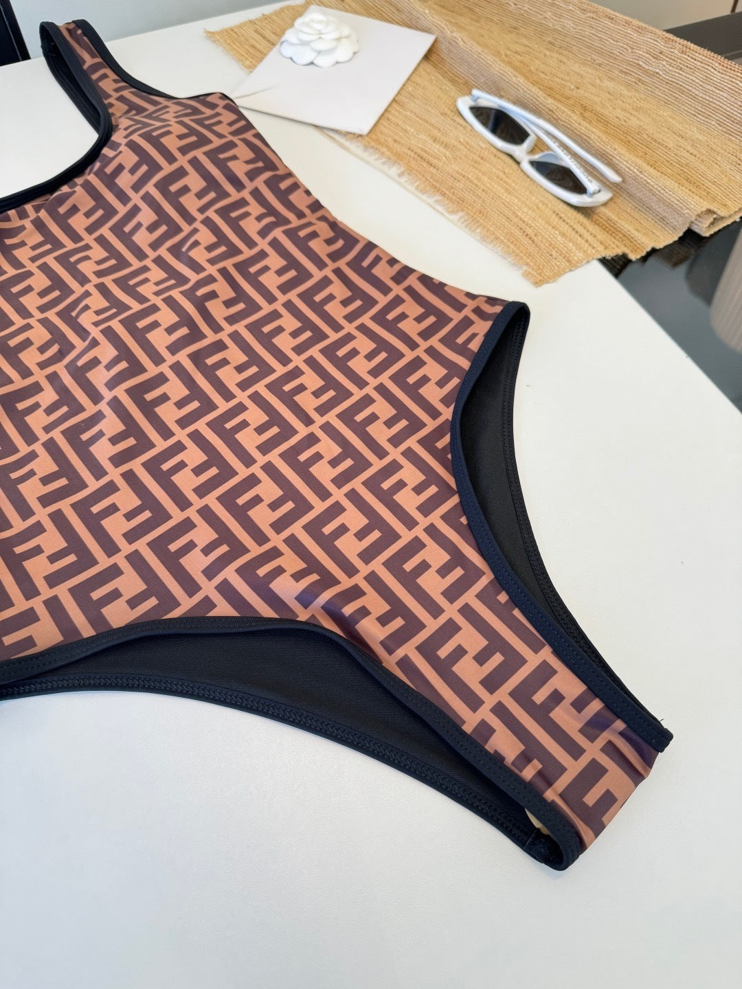 BROWN MONOGRAM SCOOP NECK ONE-PIECE SWIMSUIT