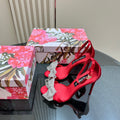 RED SATIN BOW CRYSTAL-EMBELLISHED STILETTO HEELS