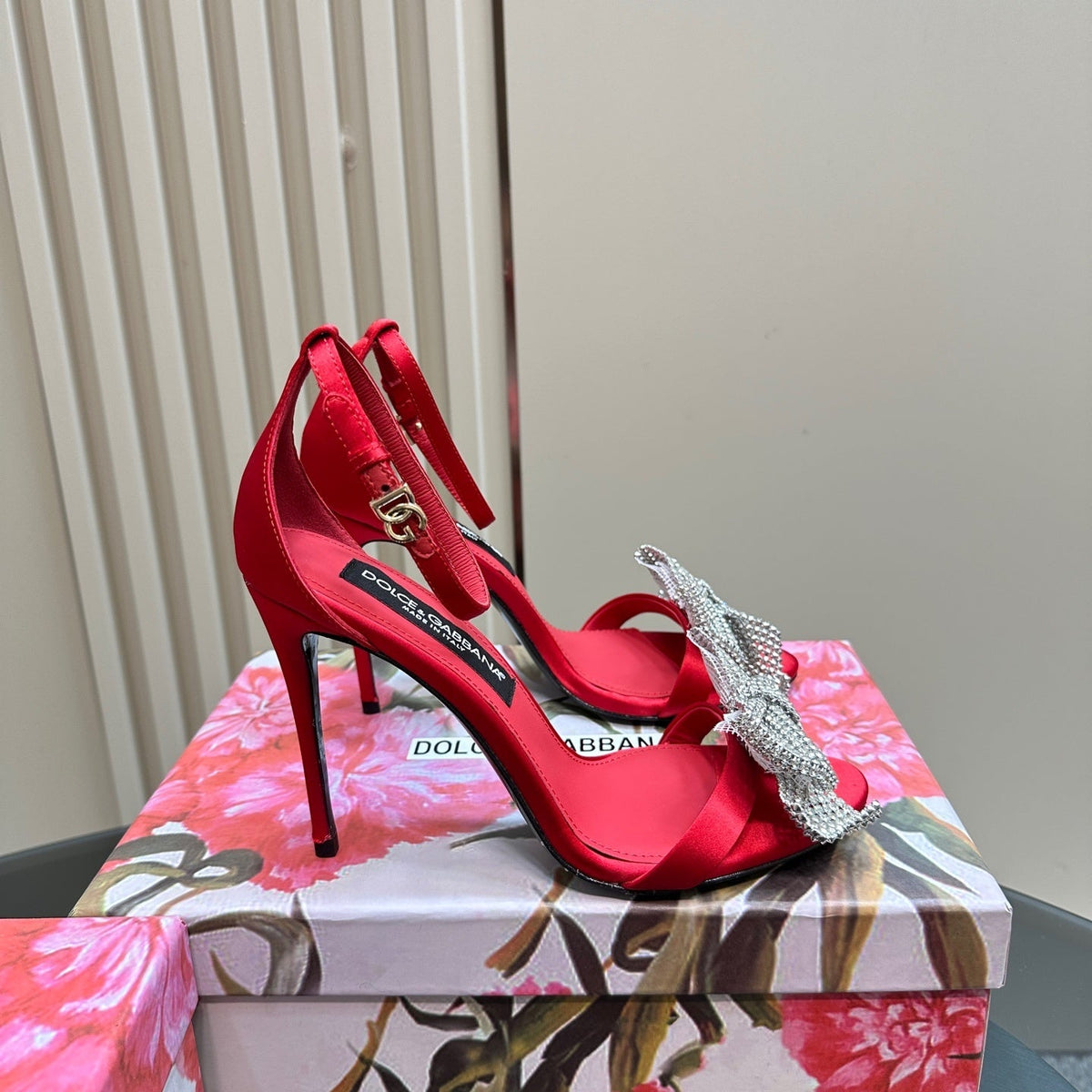 RED SATIN BOW CRYSTAL-EMBELLISHED STILETTO HEELS