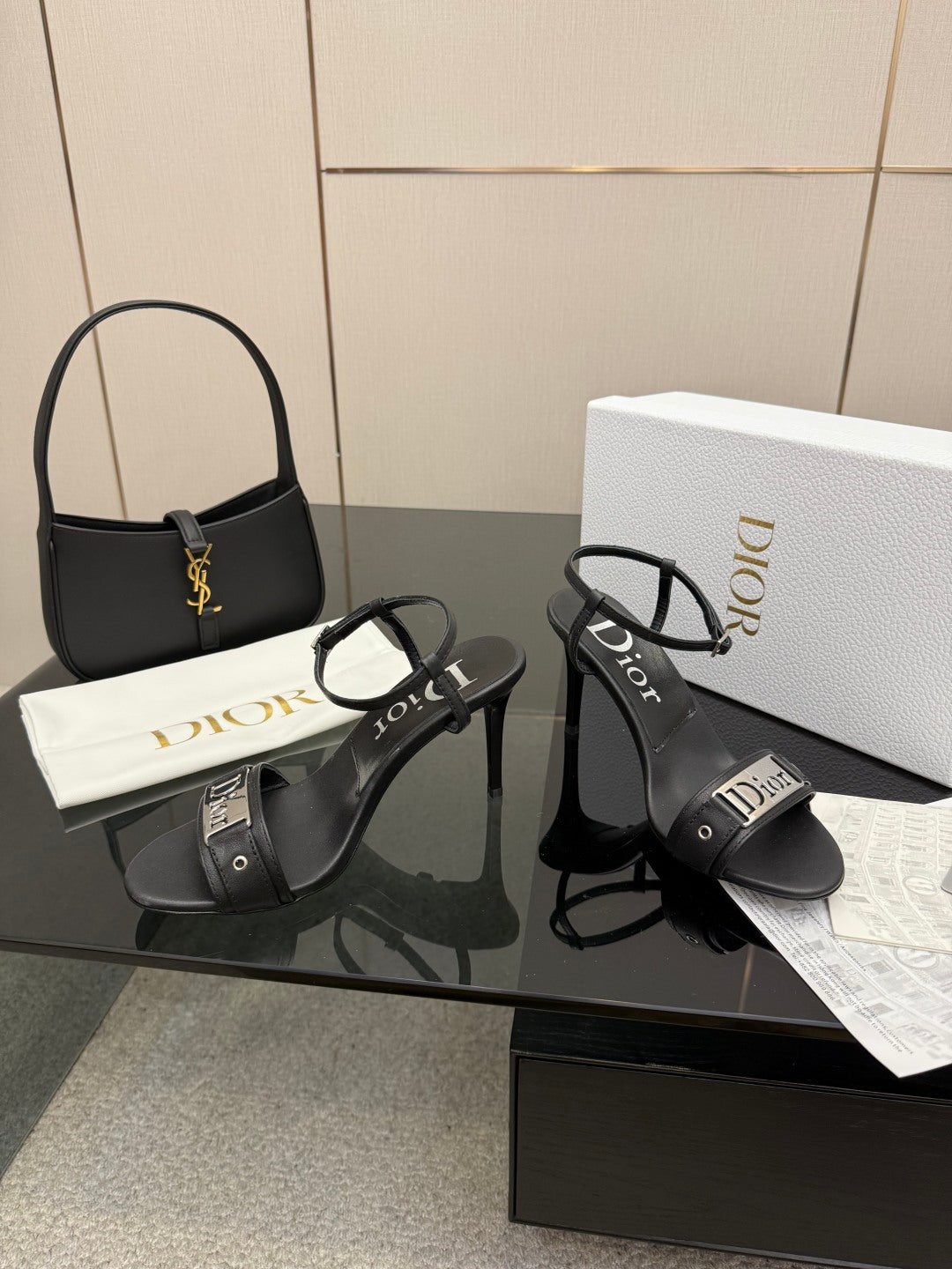 BLACK LOGO STRAP HIGH HEEL SANDALS