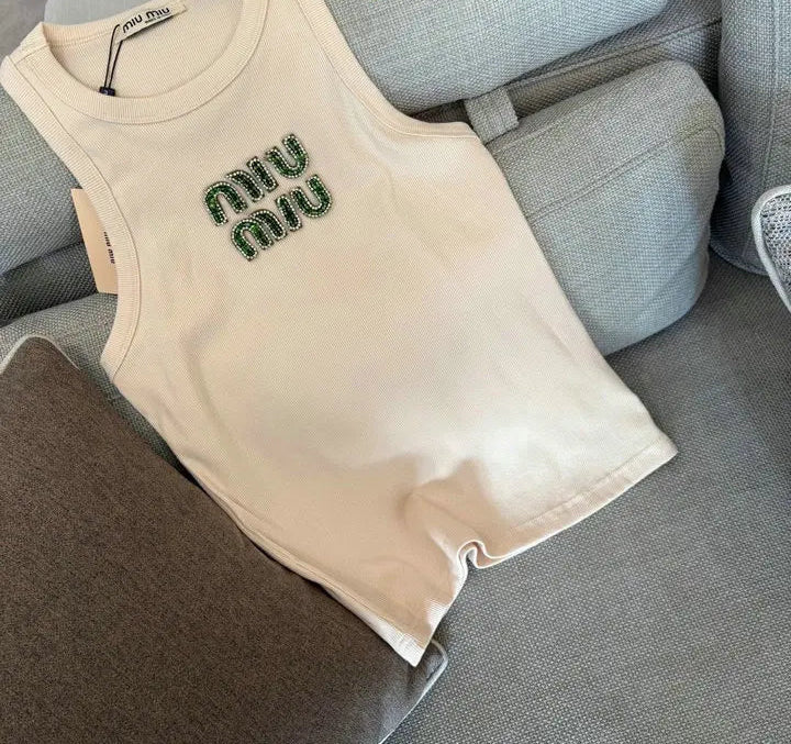 EMBELLISHED LOGO RIBBED TANK TOP