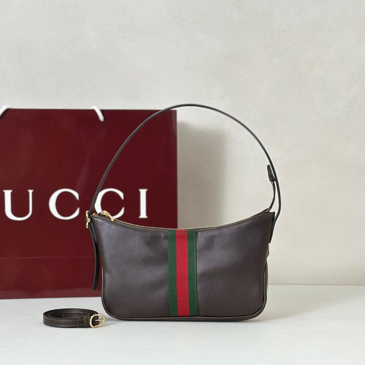 STRIPED LEATHER SHOULDER BAG – BROWN