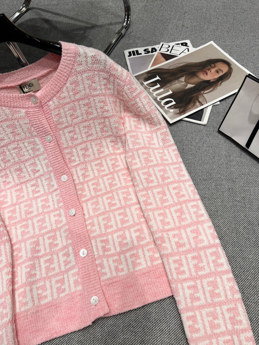 PINK MONOGRAM KNIT CROPPED CARDIGAN