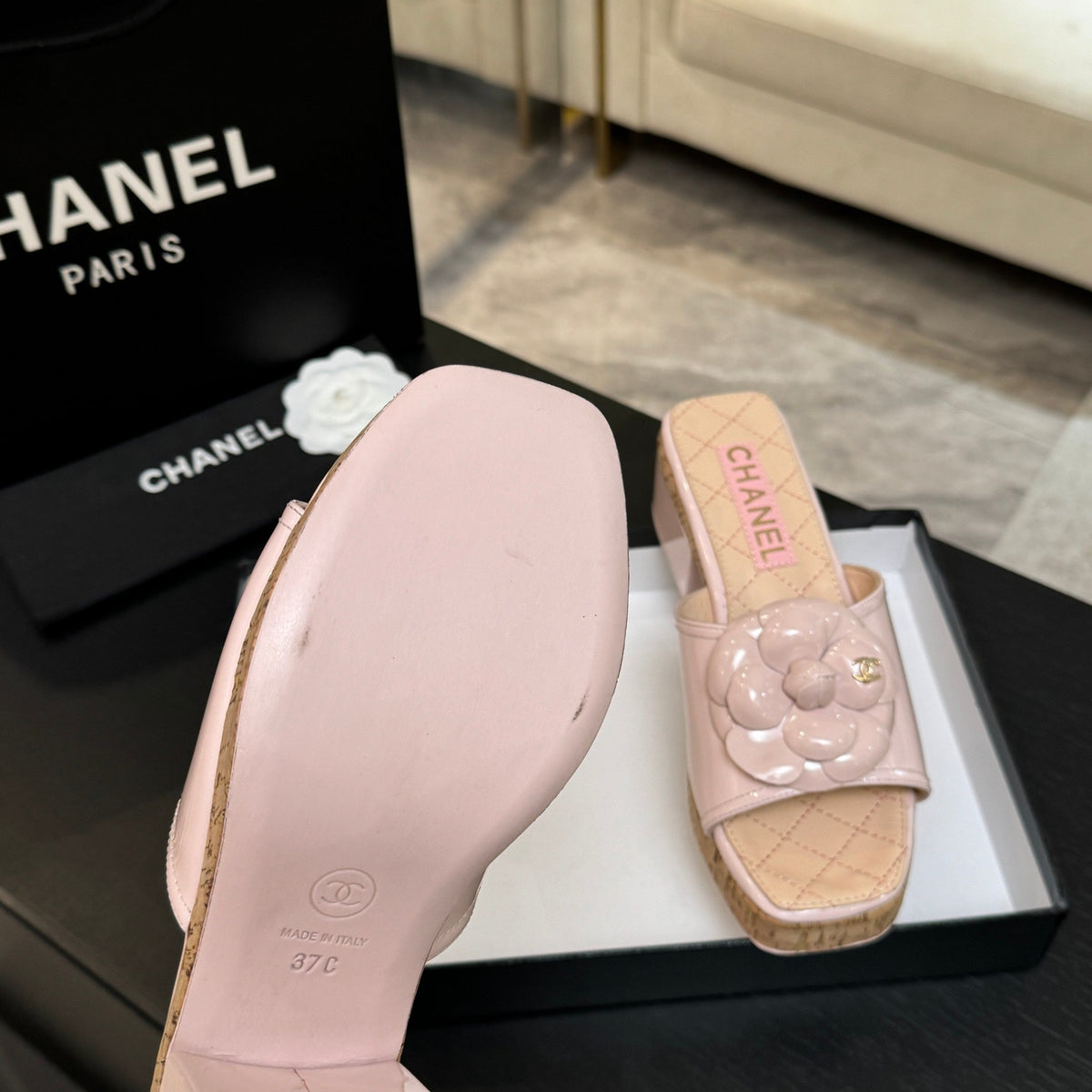 BLUSH QUILTED PLATFORM SLIDE SANDALS WITH CAMELLIA DETAIL