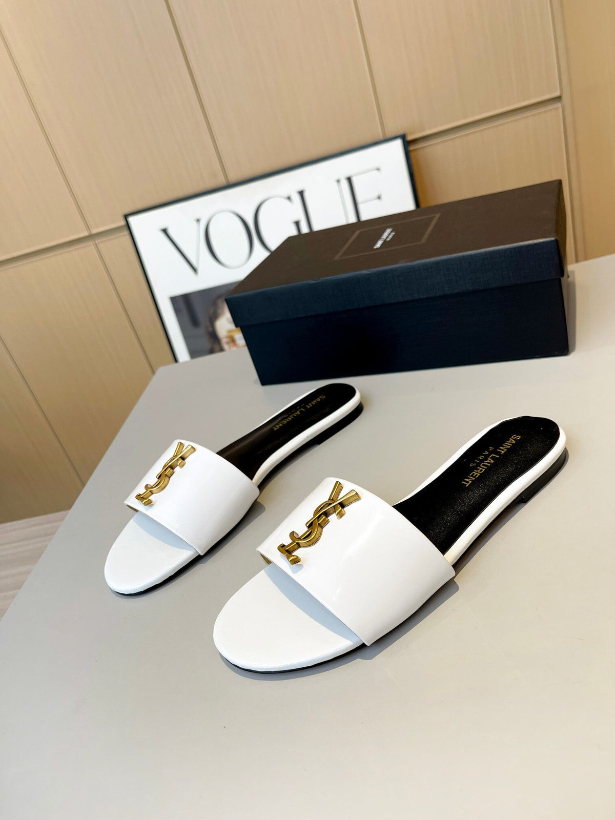 WHITE PATENT SLIDE SANDALS