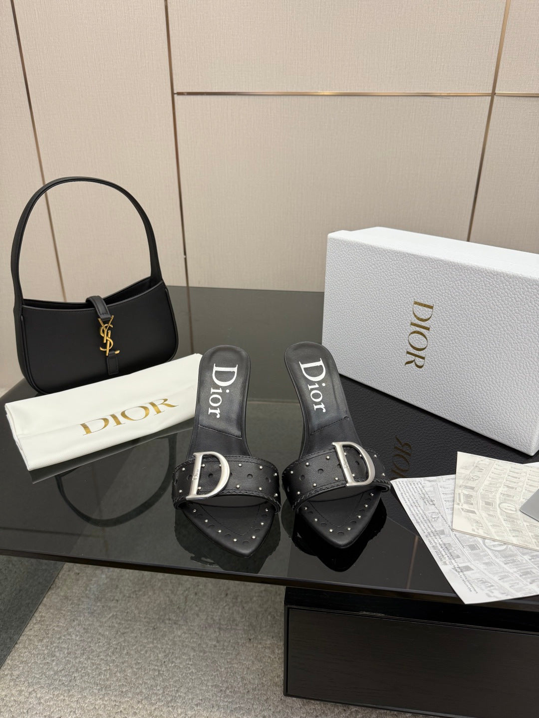 BLACK STUDDED LOGO MULE HEELS