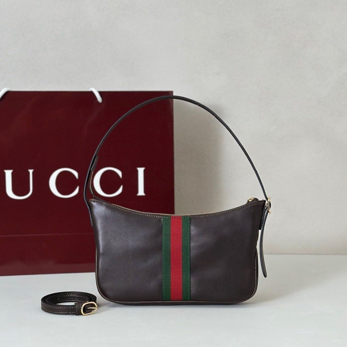 STRIPED LEATHER SHOULDER BAG – BROWN