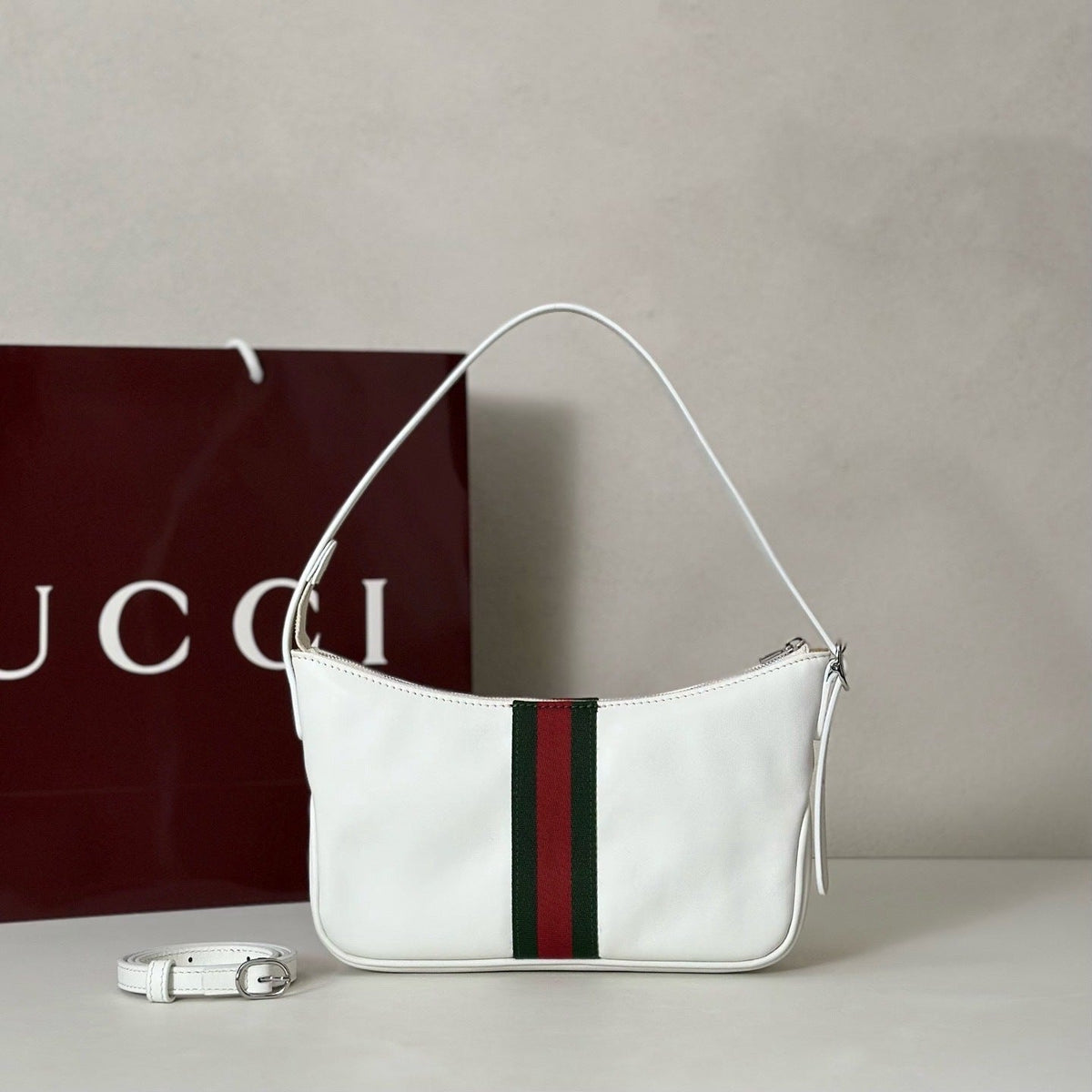 STRIPED LEATHER SHOULDER BAG – WHITE