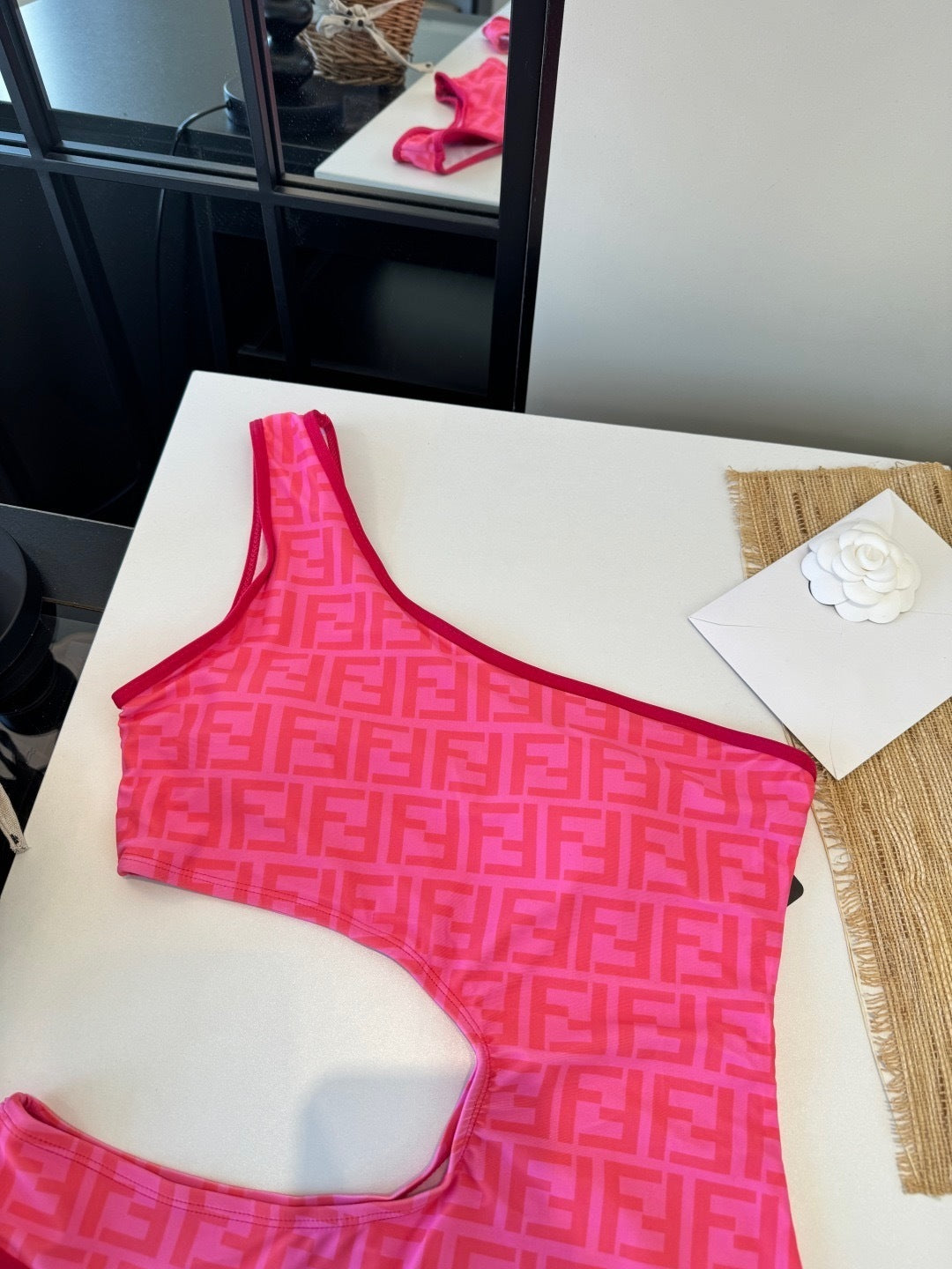 PINK MONOGRAM ONE-SHOULDER CUT-OUT ONE-PIECE SWIMSUIT