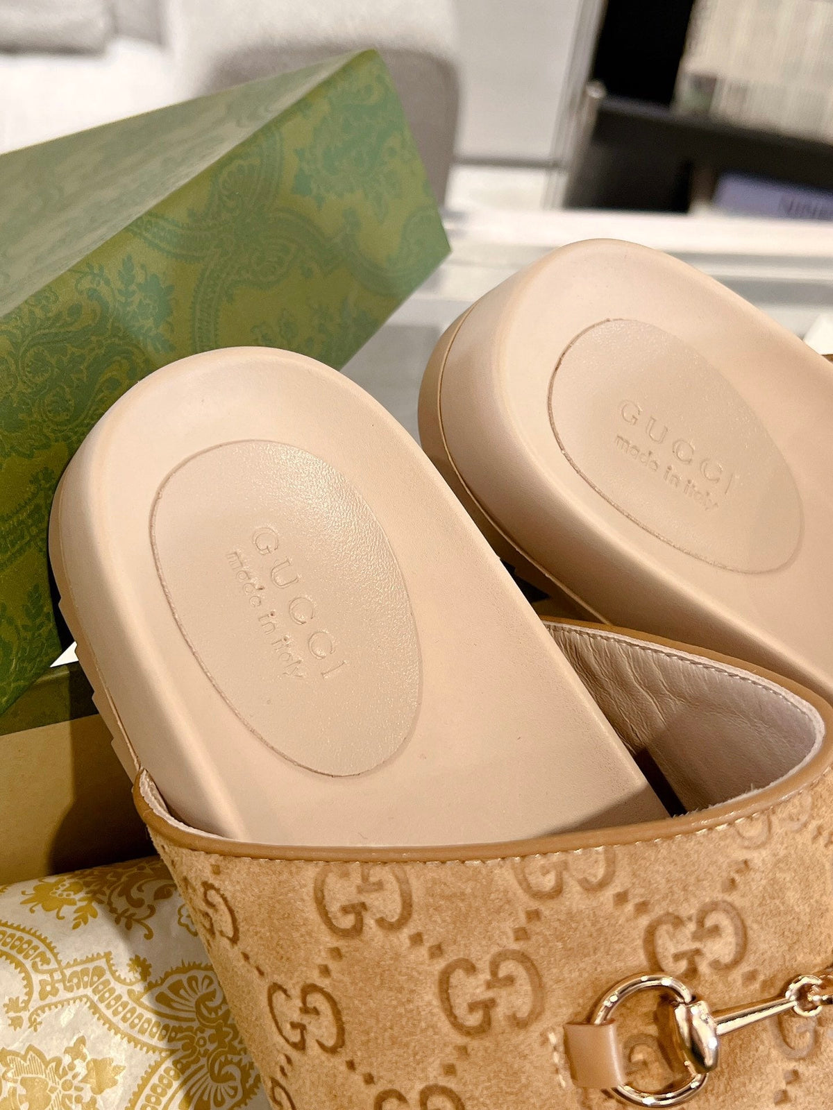 BEIGE EMBOSSED MULE SLIDES