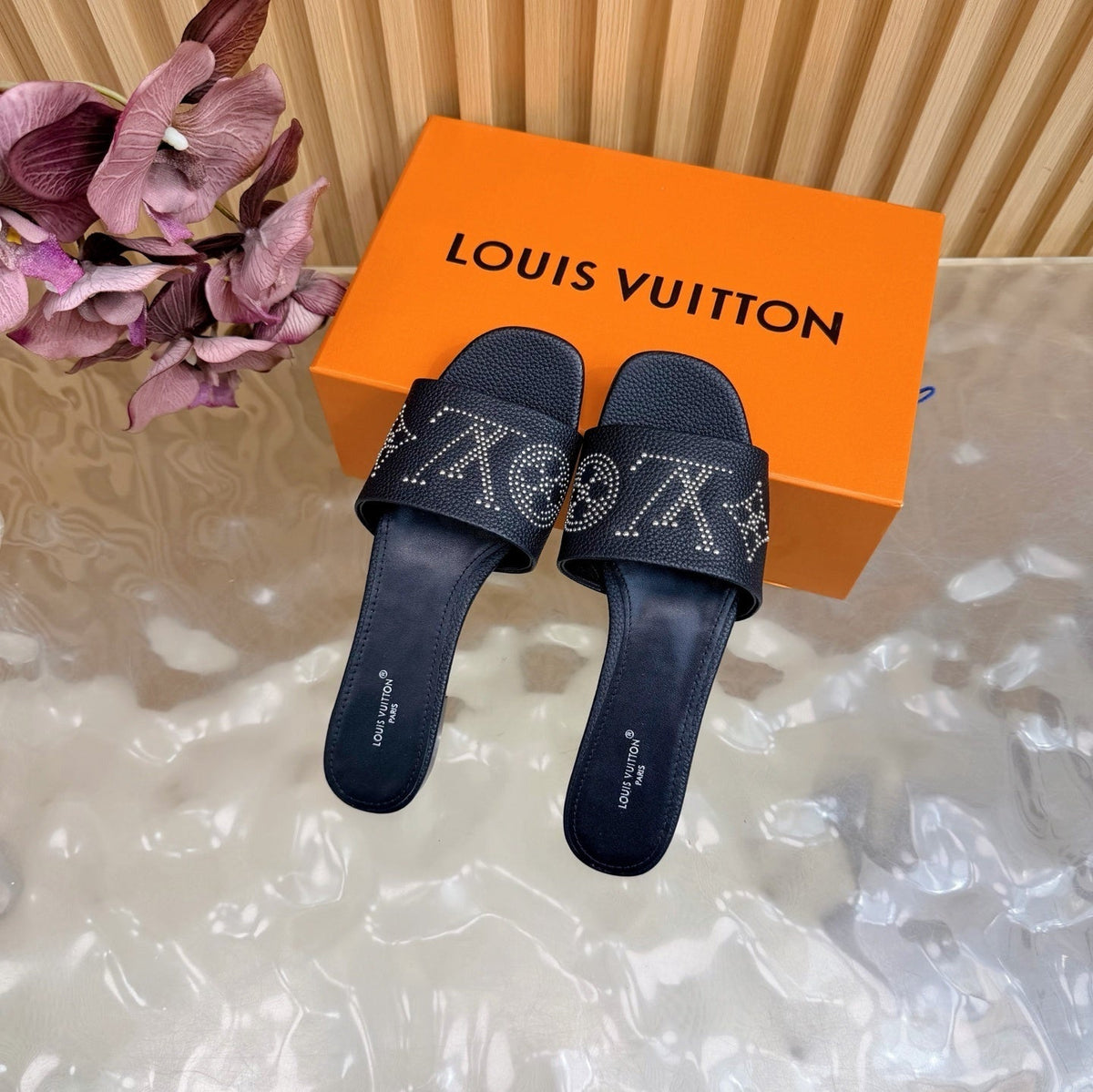 BLACK MONOGRAM STUDDED DESIGNER SLIDES