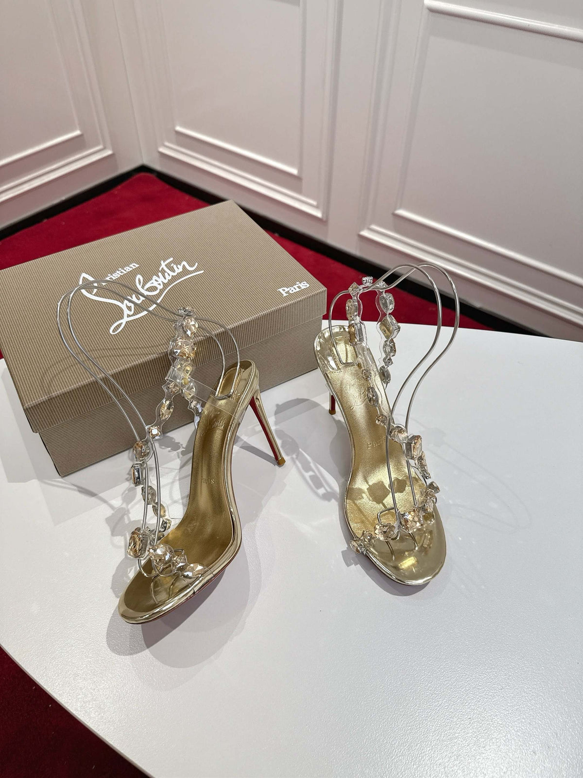 GOLD EMBELLISHED CRYSTAL STRAPPY STILETTO SANDALS