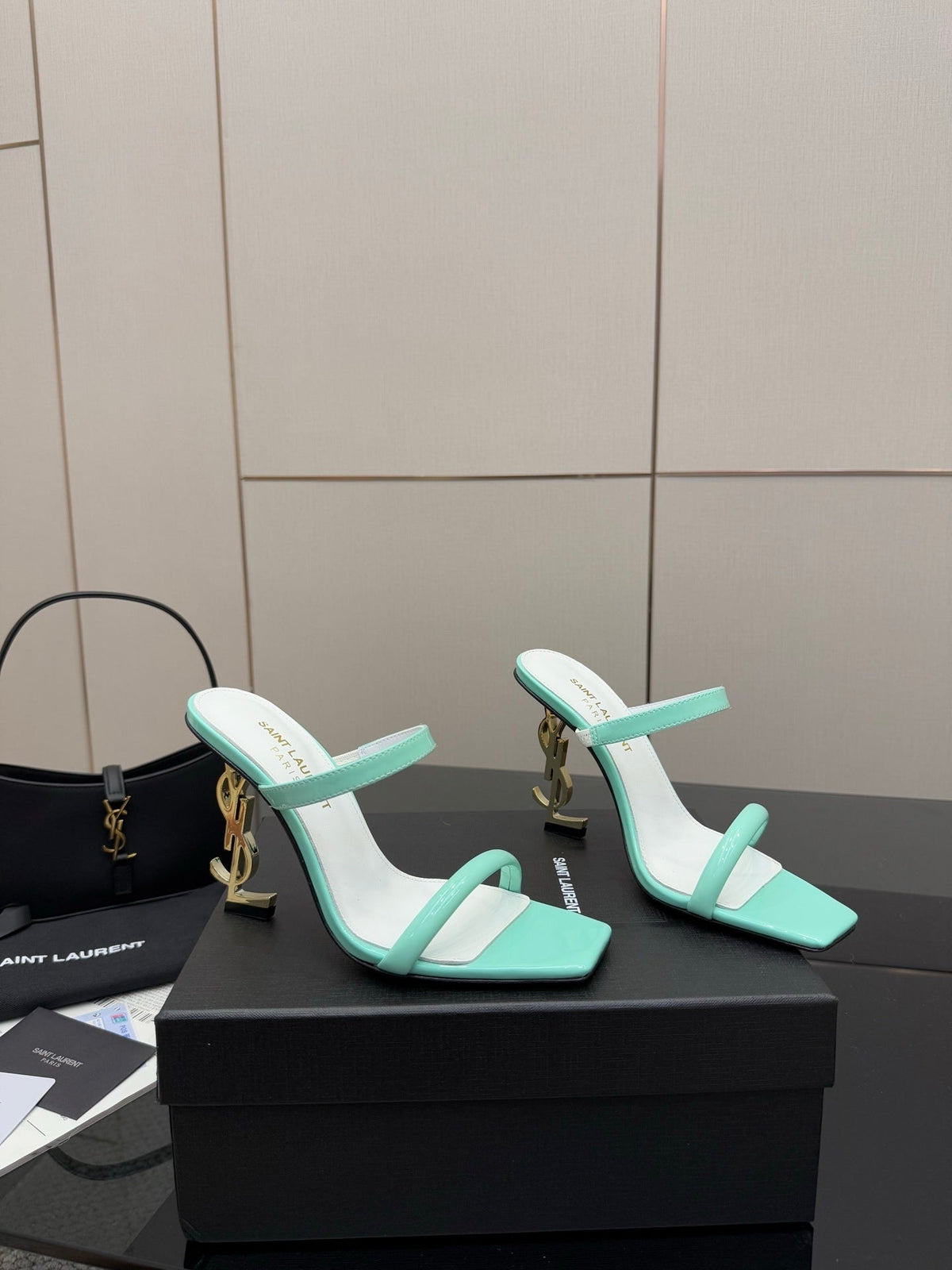 MINT GREEN STRAPPY HEELS WITH GOLD LOGO HEEL