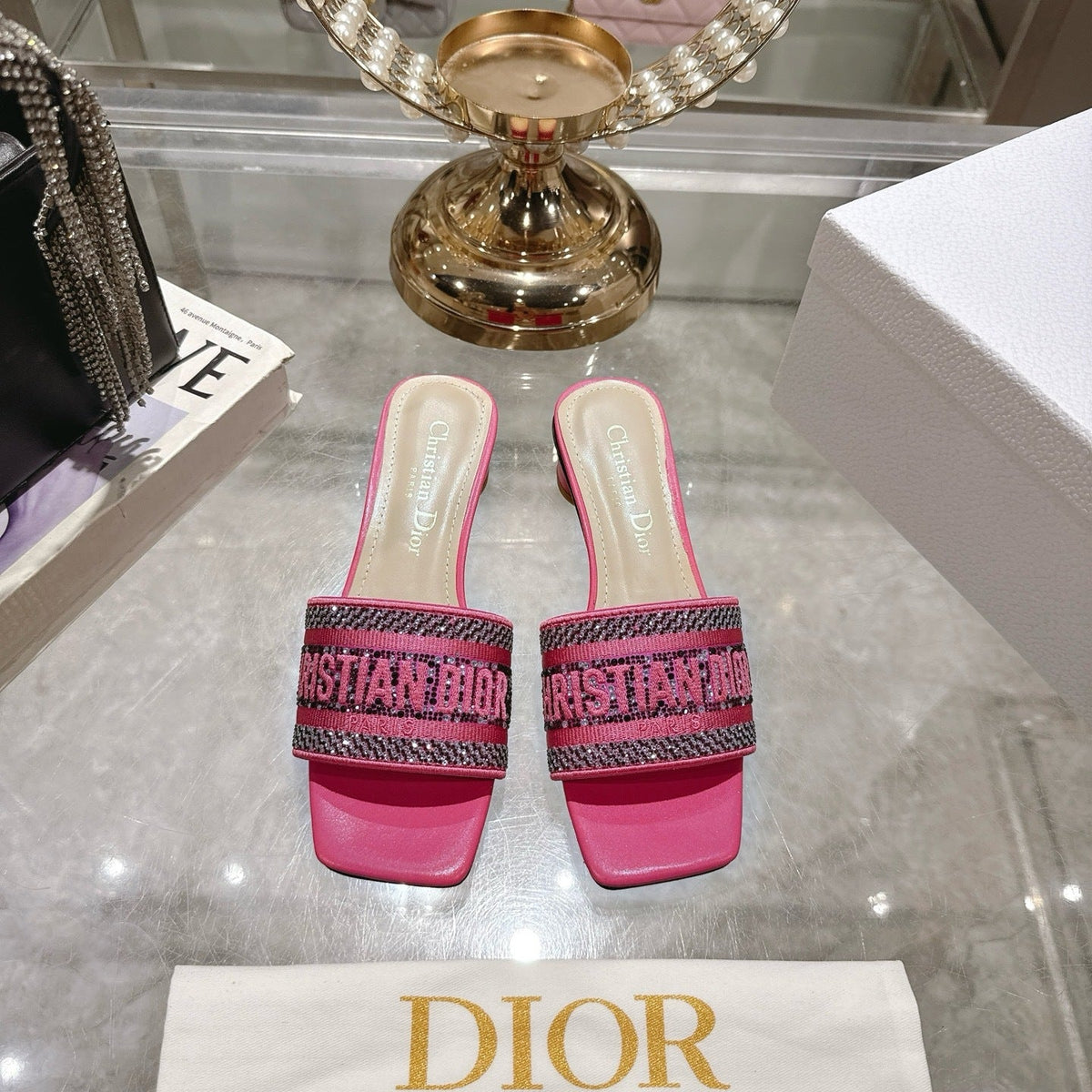 CRYSTAL EMBELLISHED LOGO JACQUARD LOW HEEL MULES – PINK