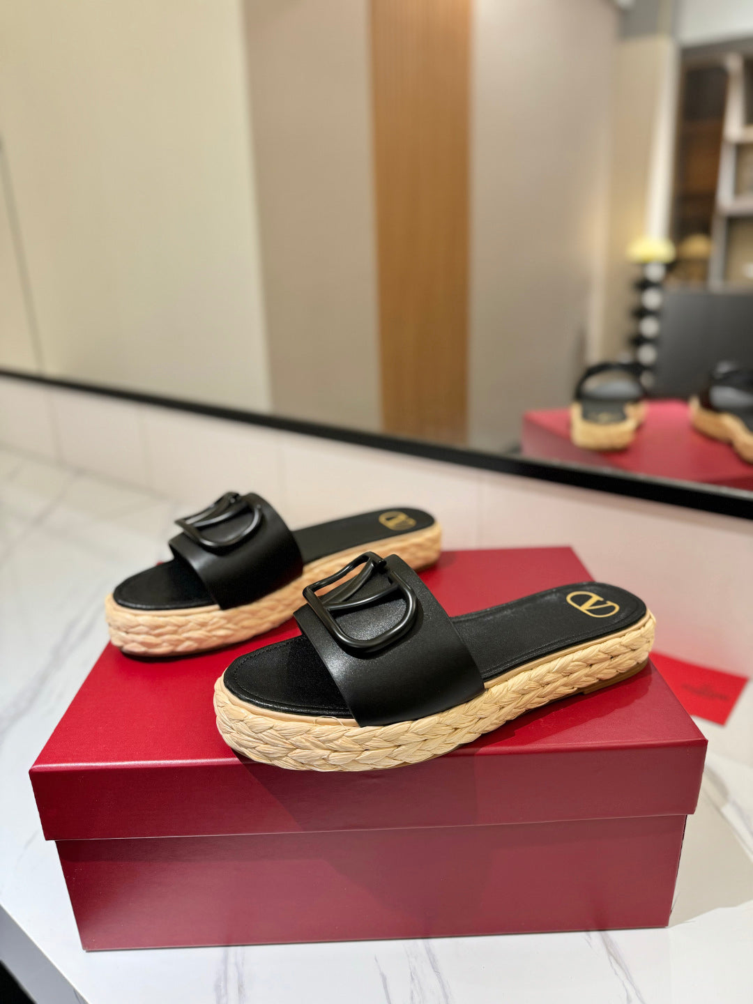 PLATFORM SLIDE SANDALS – BLACK WITH BRAIDED SOLE