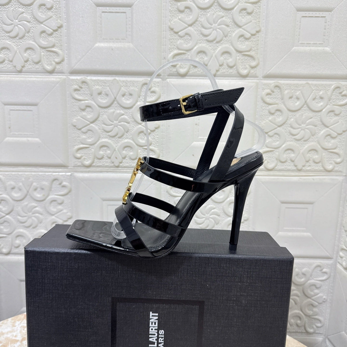 PATENT MULTI-STRAP STATEMENT HEEL SANDALS