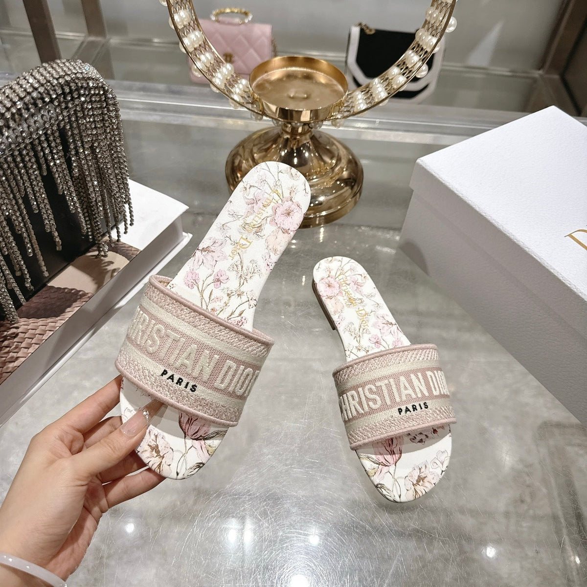 FLORAL PRINT LOGO STRAP SLIDE SANDALS