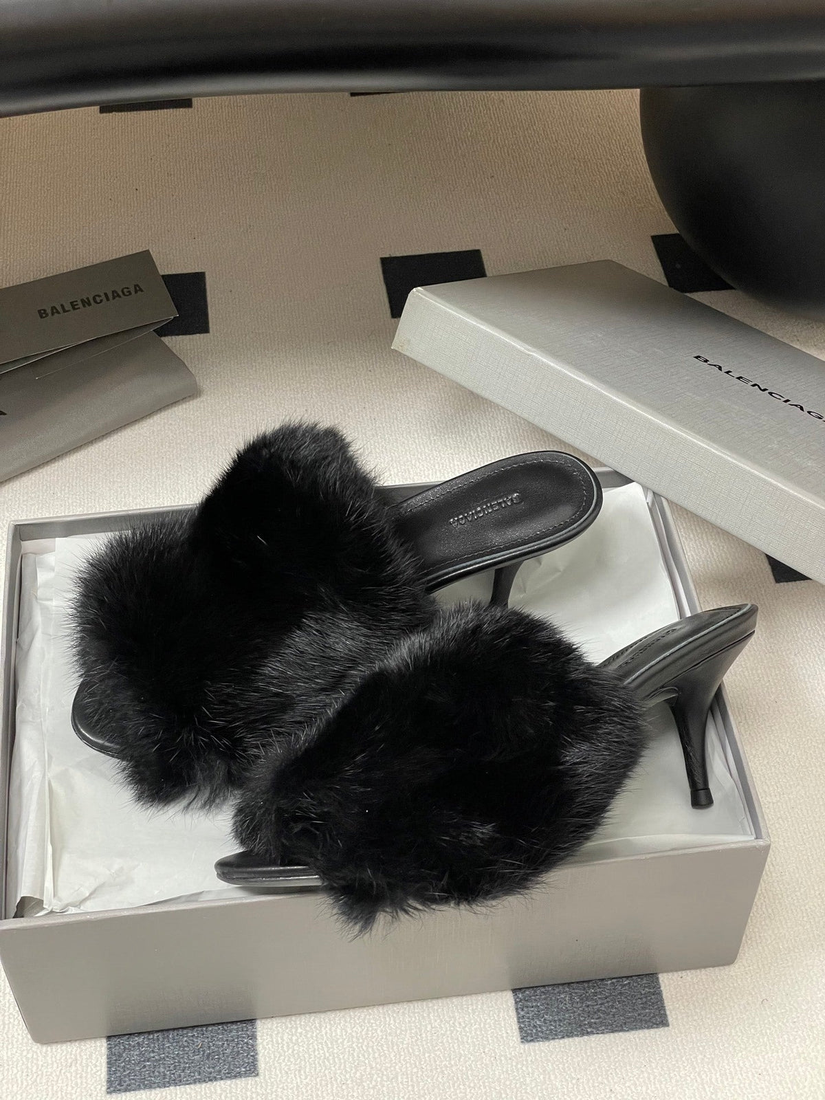 BLACK FUR STRAP MULE HEELS