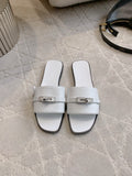 MINIMAL LEATHER SLIDES WITH METAL ACCENT STRAP