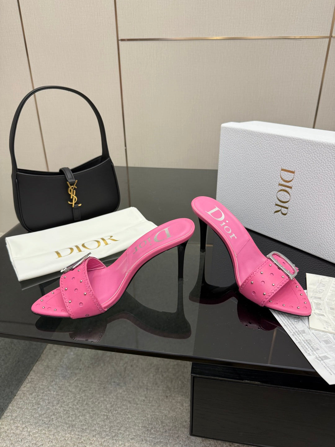 PINK STUDDED LOGO MULE HEELS