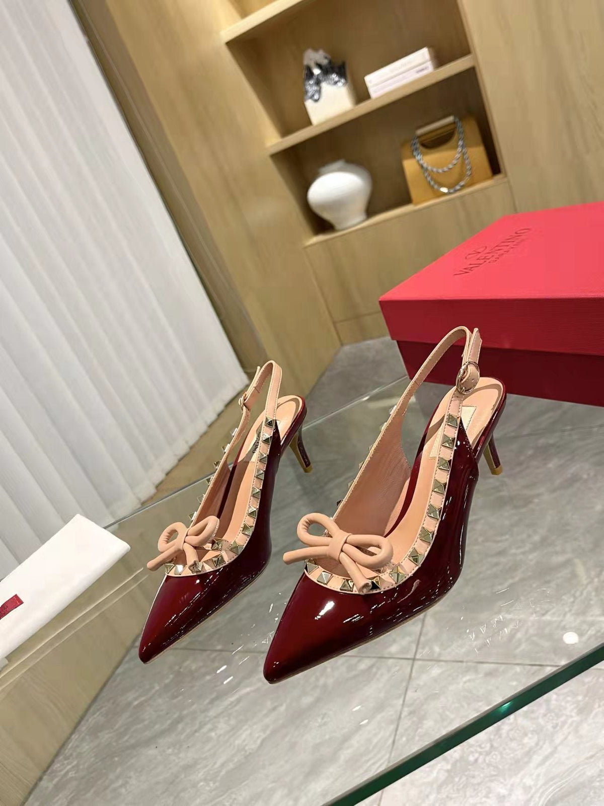 PATENT SLINGBACK HEELS WITH STUDDED TRIM & BOW DETAIL