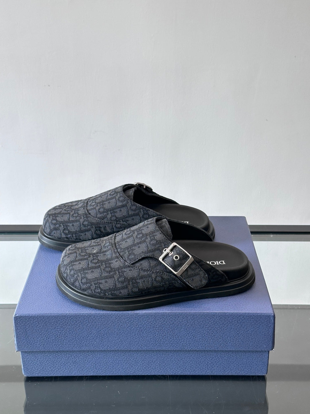 DARK MONOGRAM DESIGNER SLIDE MULES WITH METAL BUCKLE