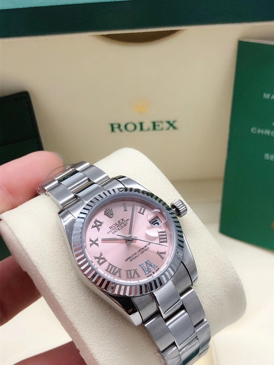 PINK DIAL STAINLESS STEEL DATE WATCH WITH FLUTED BEZEL