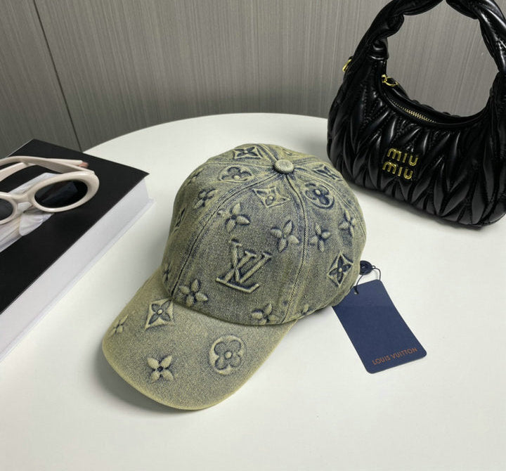 VINTAGE WASH DENIM BASEBALL CAP WITH EMBOSSED PATTERN
